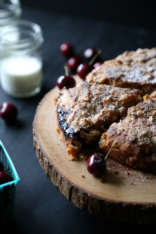 chocolate cherry cake with chocolate oat streusel