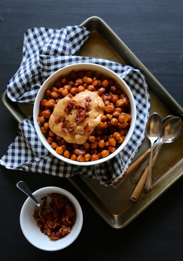 chickpea baked beans with barbecue bacon hummus www.climbinggriermountain.com