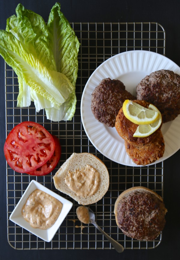 surf n' turf pimento burger with cajun remoulade