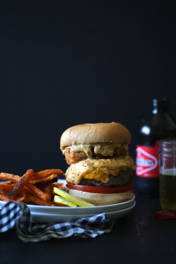 surf n' turf pimento burger with cajun remoulade