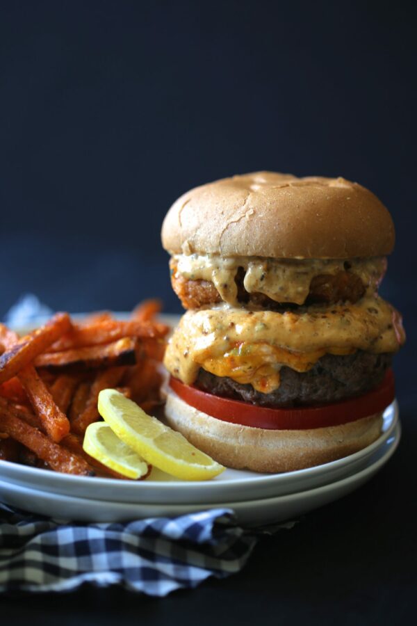 surf n' turf pimento burger with cajun remoulade