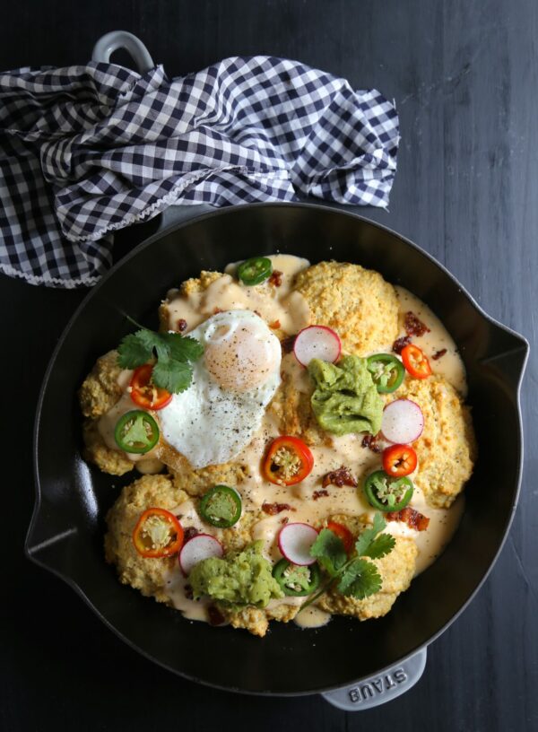 Loaded Skillet Biscuits with Bacon & Pimento Cheese Gravy www.climbinggriermountain.com