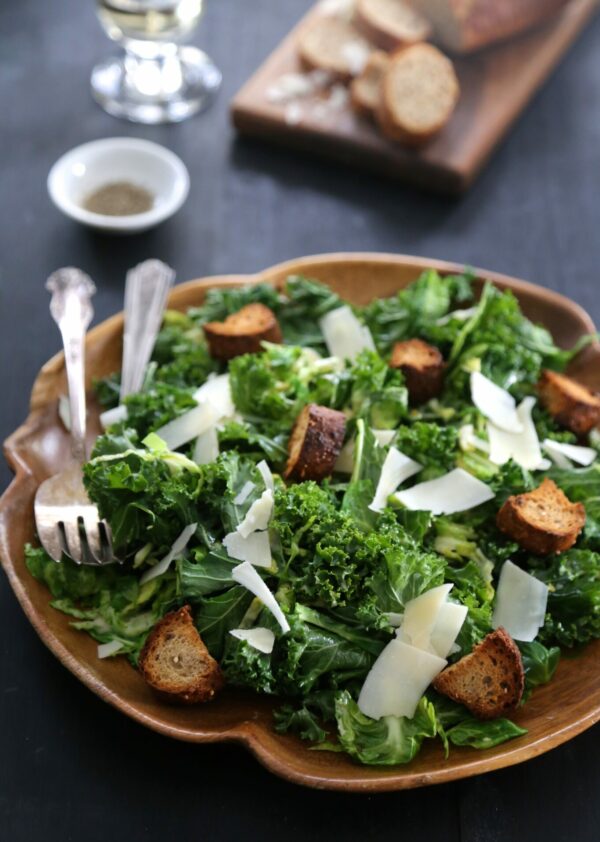 Warm Brussel Sprout and Kale Caesar Salad www.climbinggriermountian.com I