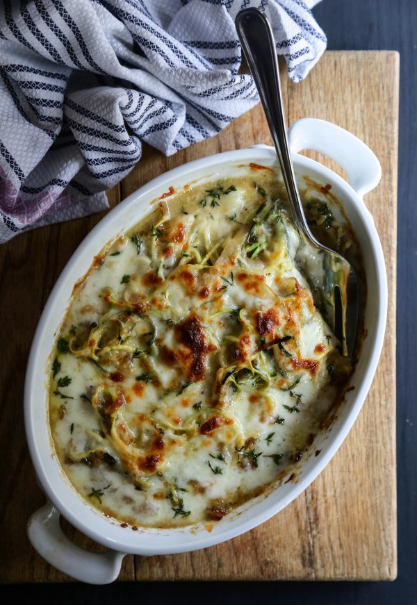 French Onion Zoodles in a baking dish.