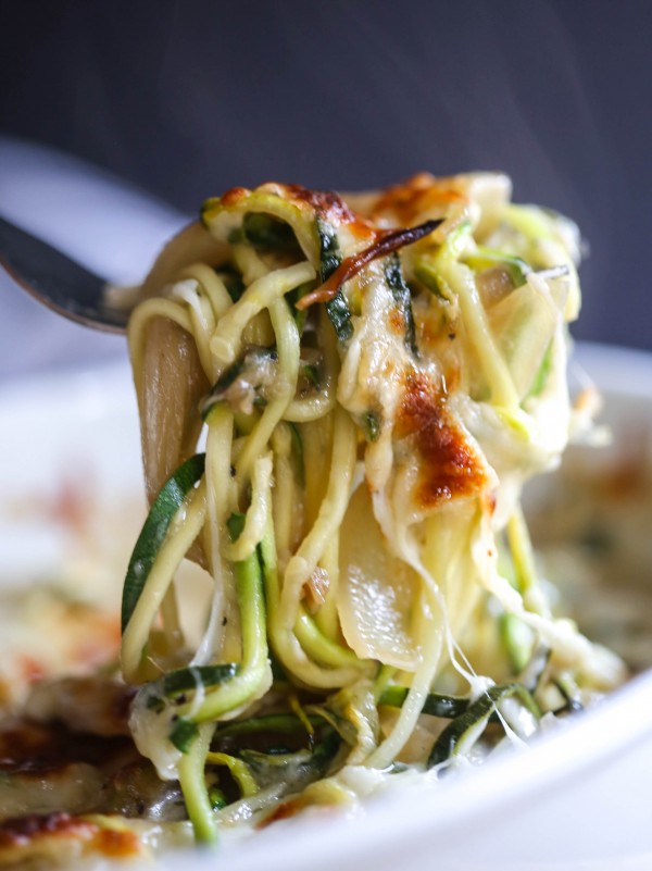 A forkful of French Onion Zoodle Bake.
