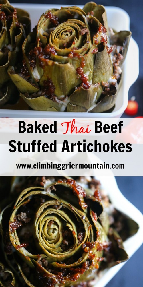 baked thai beef stuffed artichokes collage www.climbinggriermountain.com