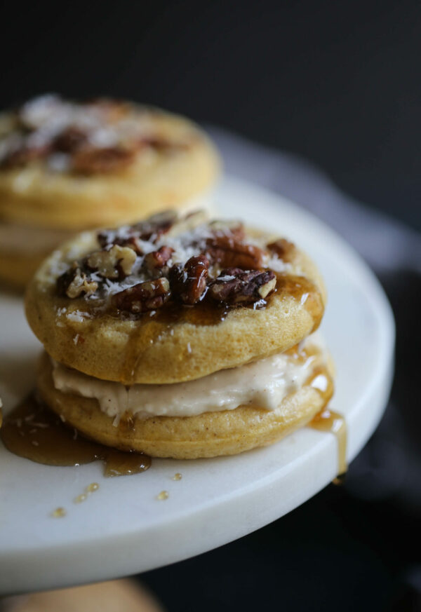 carrot cake waffle sandwiches with cinnamon frosting www.climbinggriermountain.com