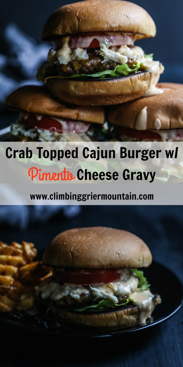 Crab Topped Cajun Burger with Pimento Cheese Gravy