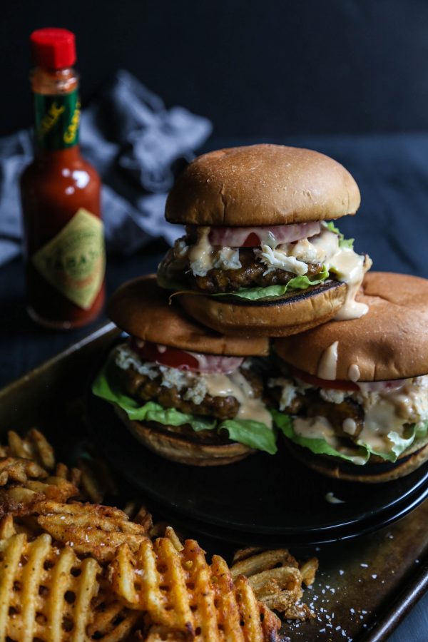 Crab Topped Cajun Burger with Pimento Cheese Gravy www.climbinggriermountain.com I