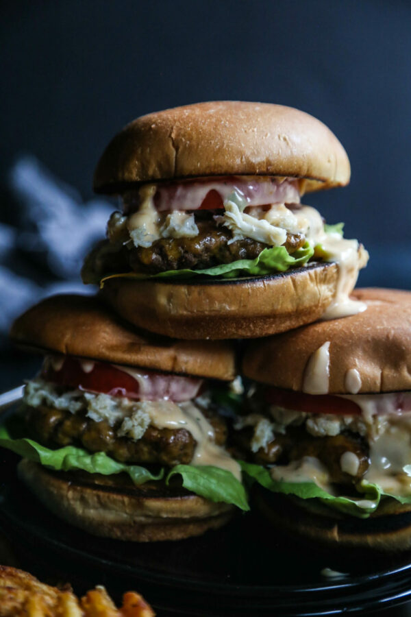 Crab Topped Cajun Burger with Pimento Cheese Gravy www.climbinggriermountain.com