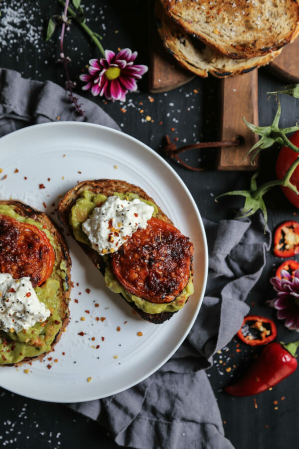 Easy Guacamole Toast with Thai Roasted Tomatoes www.climbinggriermoutain.com I