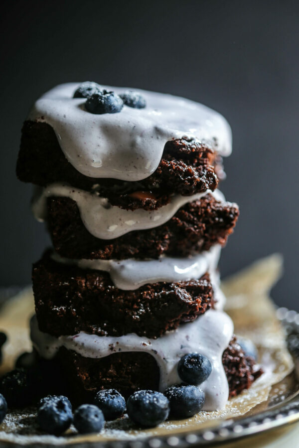 Dark Chocolate Brownies with Blueberry Marshmallow Frosting www.climbinggriermountain.com I