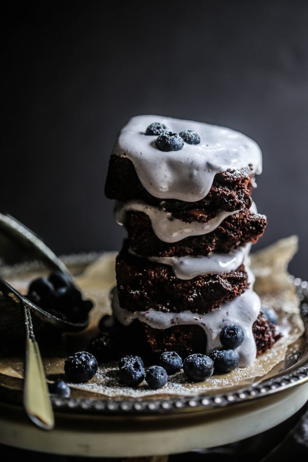 Dark Chocolate Brownies with Blueberry Marshmallow Frosting www.climbinggriermountain.com II