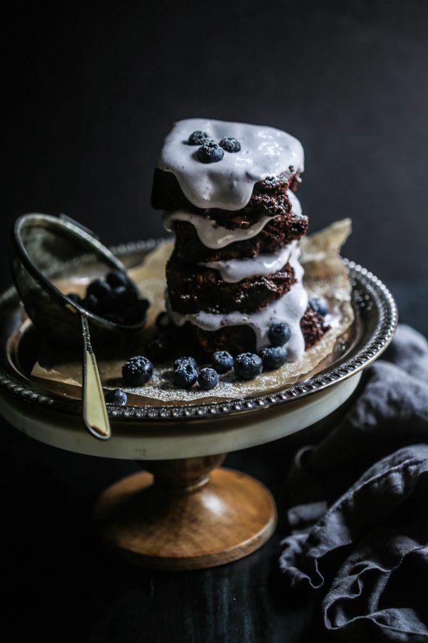 Dark Chocolate Brownies with Blueberry Marshmallow Frosting www.climbinggriermountain.com