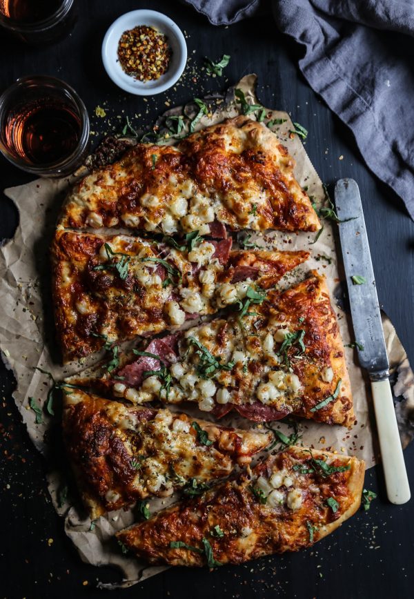 Salami, Hominy, & Smoked Mozzarella Pizza www.climbinggriermountain.com