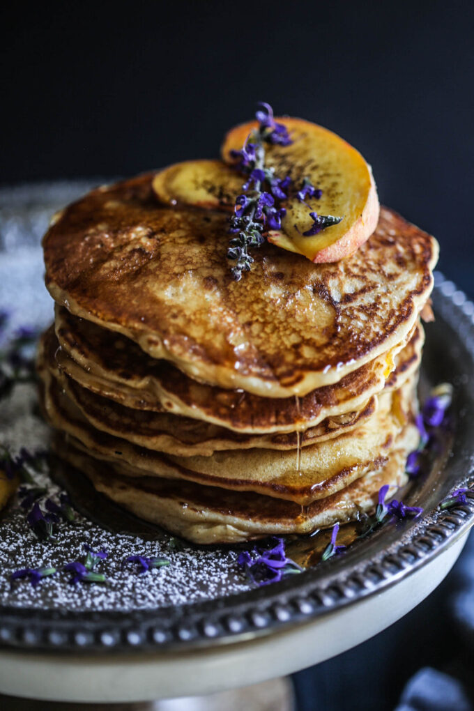 Peach & Bacon Pancakes with Lavender Butter Syrup