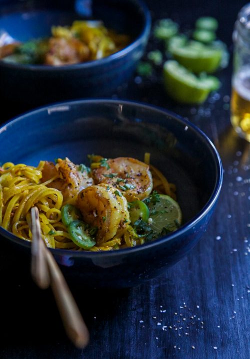 Turmeric Noodle Bowls with Ginger Garlic Shrimp