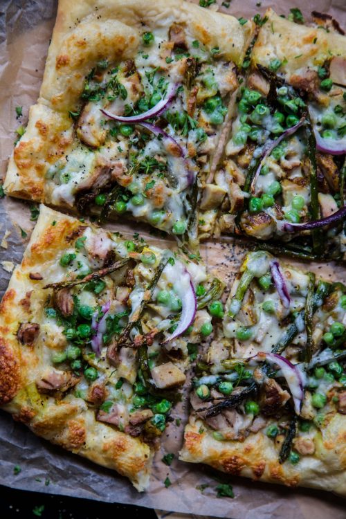 Turmeric Chicken Pizza with Asparagus  and Peas