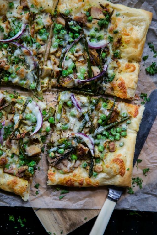 Turmeric Chicken Pizza with Asparagus  and Peas