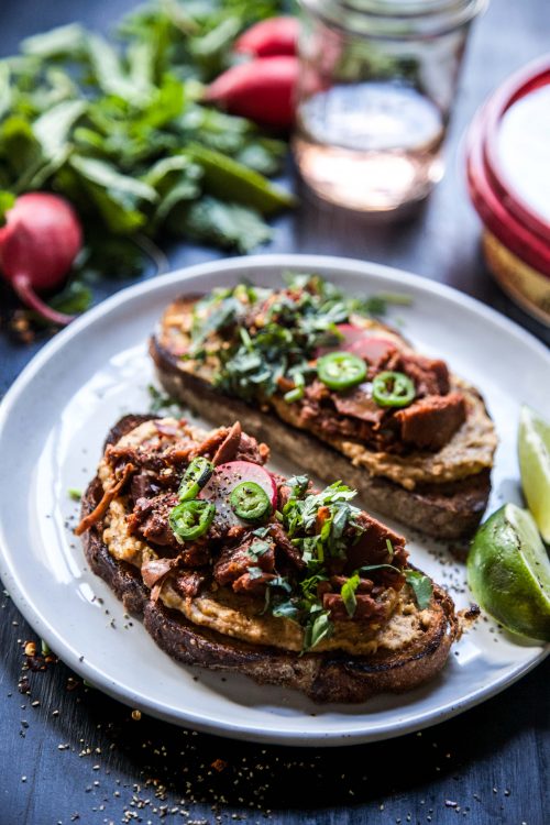 Chipotle Hummus Jackfruit Toast with Fresh Herbs