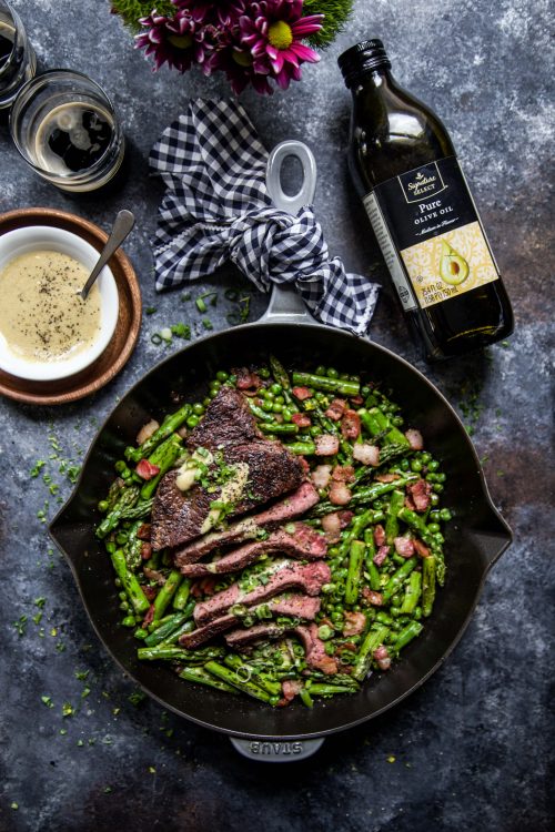 One Skillet Coffee Rubbed Steak with Bacon