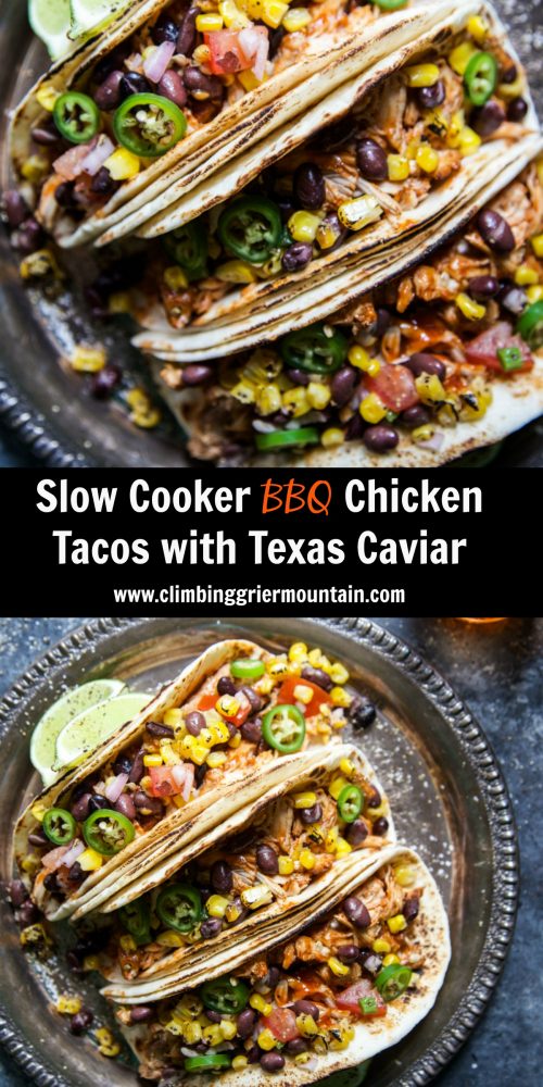 Slow Cooker BBQ Chicken Tacos with Texas Caviar