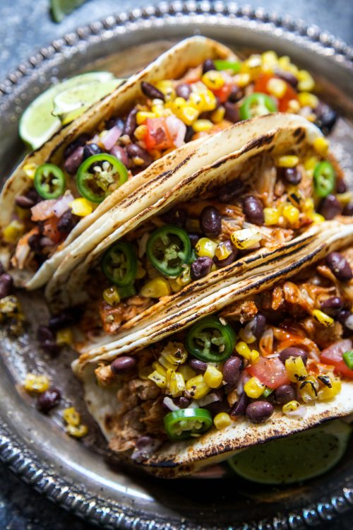 Slow Cooker BBQ Chicken Tacos with Texas Caviar