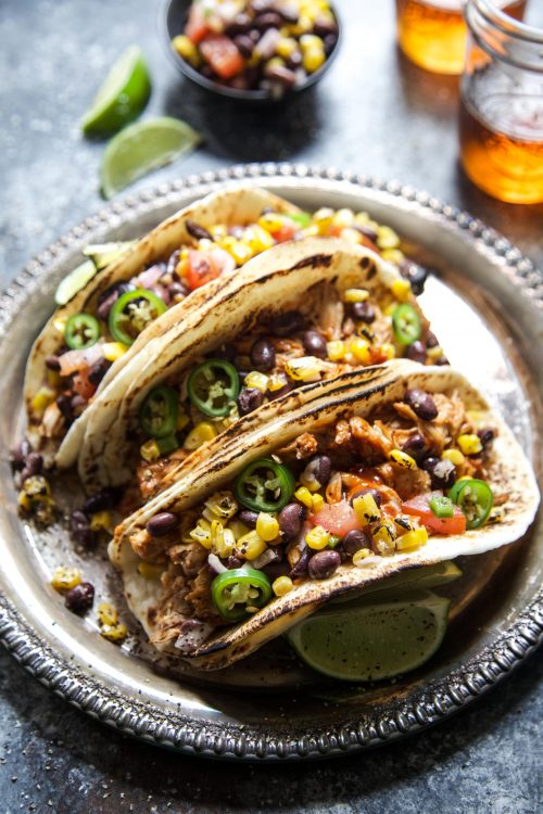 Slow Cooker BBQ Chicken Tacos with Texas Caviar