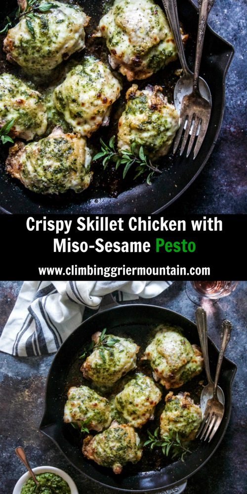 Crispy Skillet Chicken with Miso Sesame Pesto