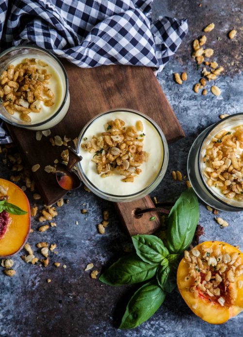 Peach Mousse with Basil Krispie Crumble