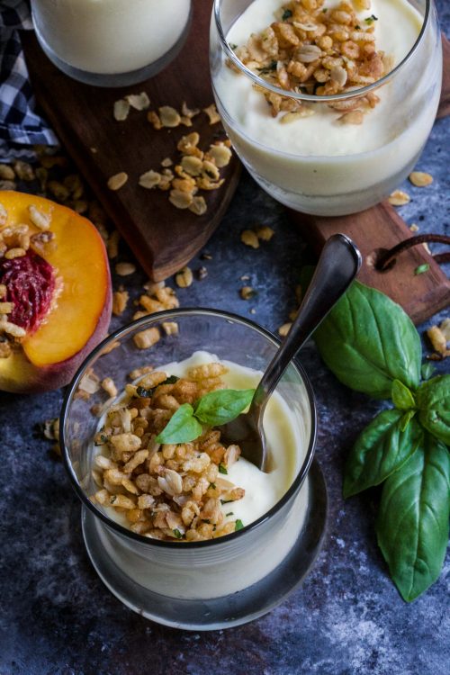 Peach Mousse with Basil Krispie Crumble