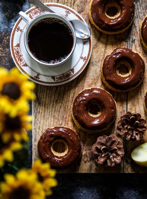 Cider Doughnuts with Tahini Chocolate Bourbon Glaze