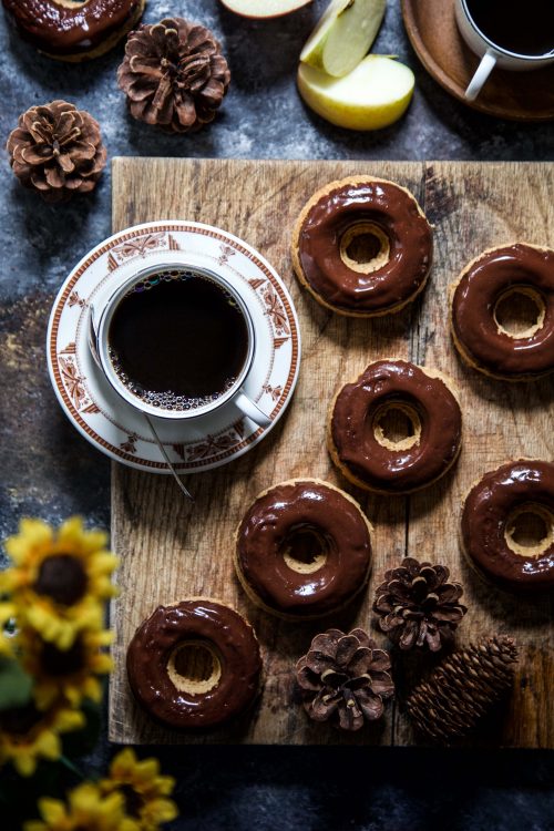 Cider Doughnuts with Tahini Chocolate Bourbon Glaze