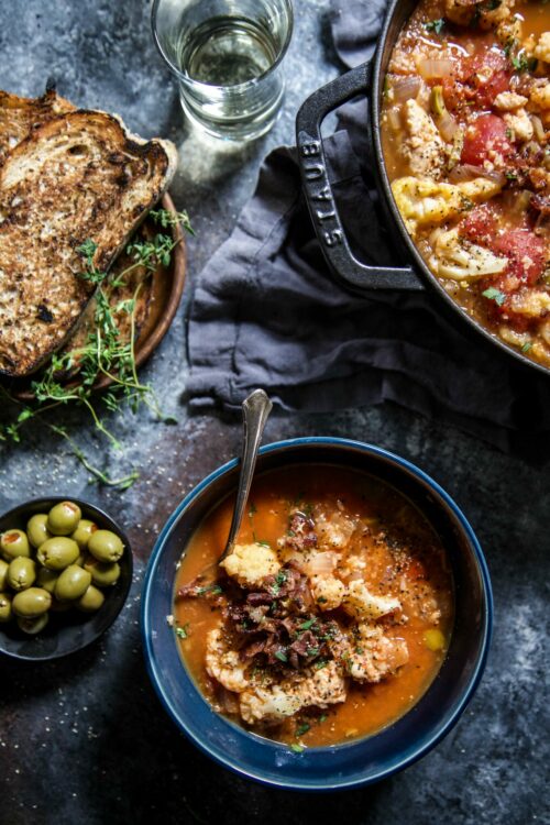 Cod & Cauliflower Chowder with Tarragon Bacon Crumble