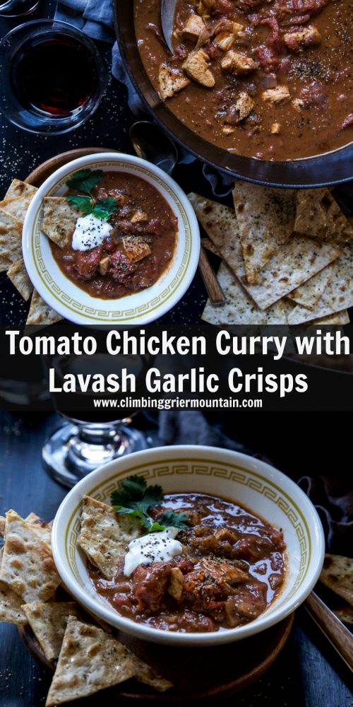 Tomato Chicken Curry with Lavash Garlic Crisps