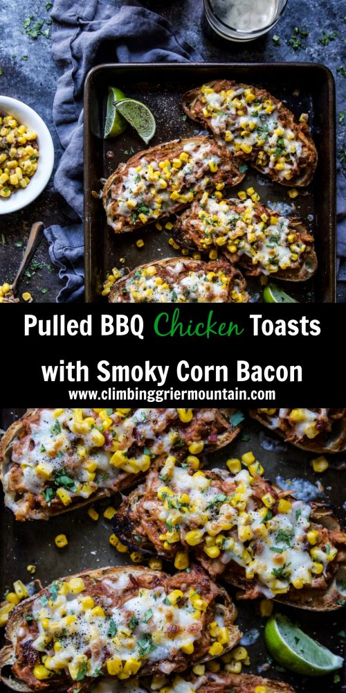 Pulled BBQ Chicken Toasts with Smoky Corn Bacon