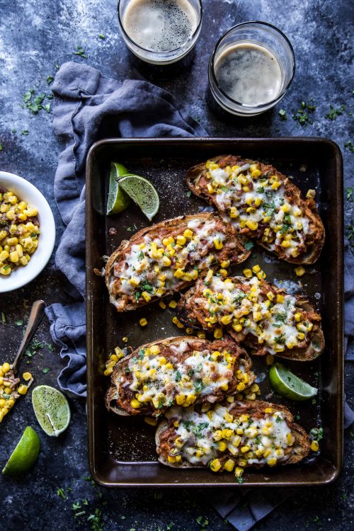 Pulled BBQ Chicken Toasts with Smoky Corn Bacon