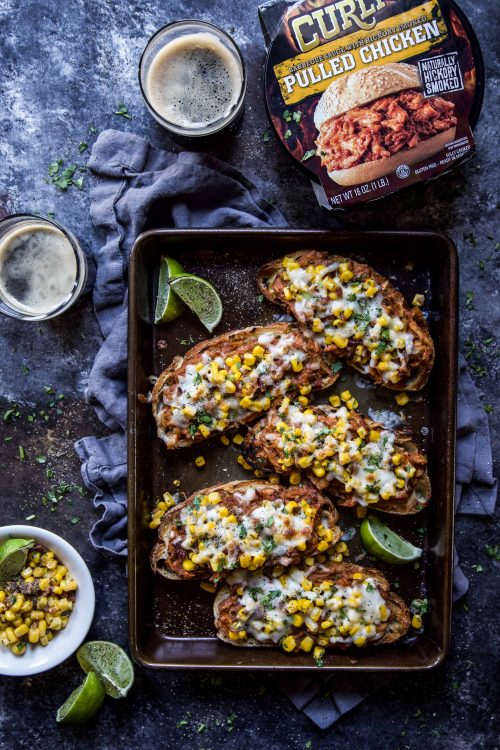 Pulled BBQ Chicken Toasts with Smoky Corn Bacon