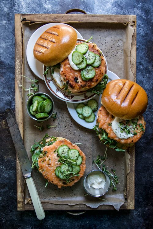 Easy Ginger Salmon Burgers with Pickled Cucumbers