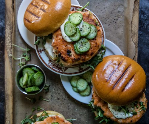 Salmon Burgers with Spicy Carrot Cucumber Slaw - Vikalinka