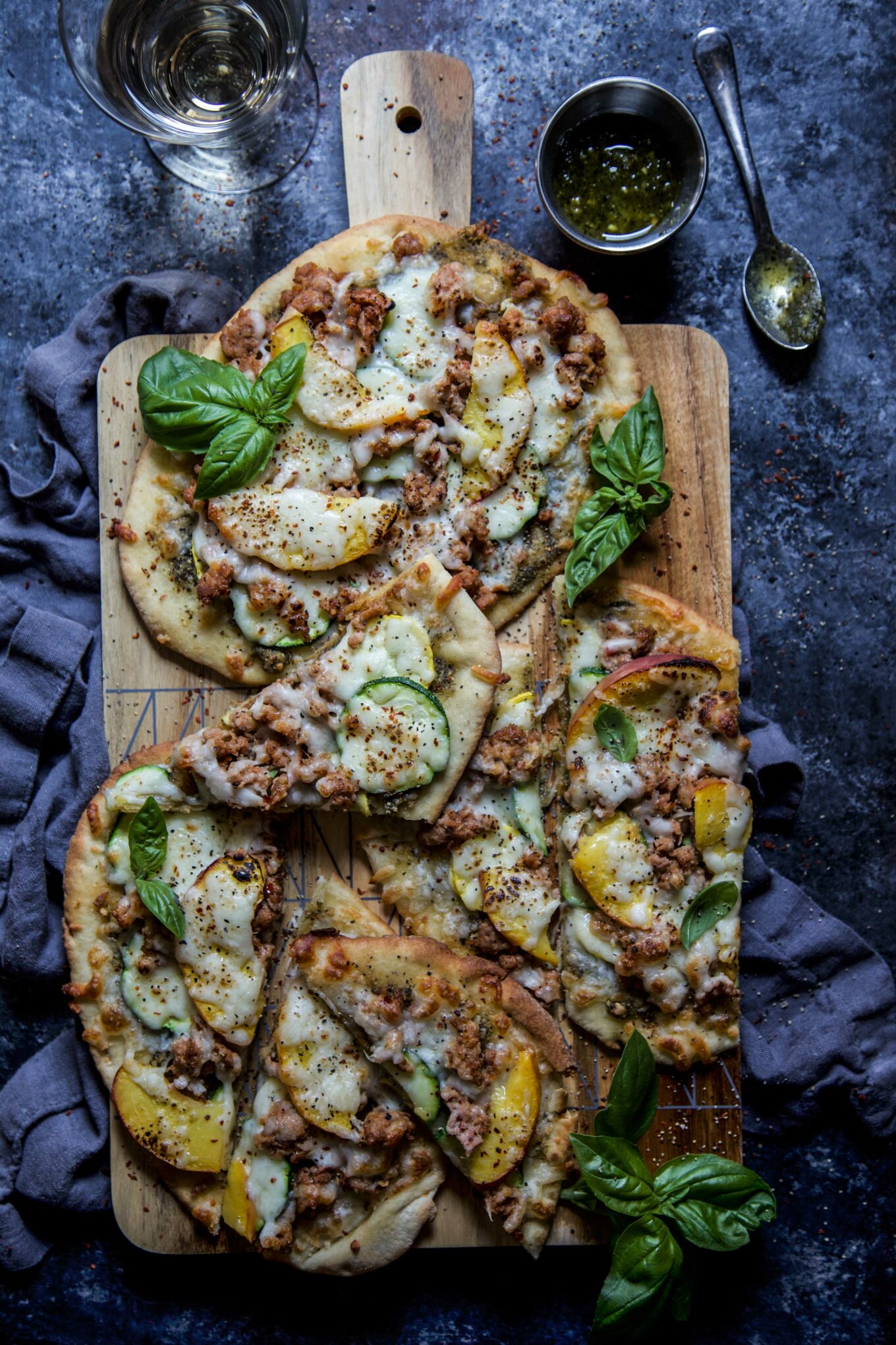 Chicken Pesto Flatbread with Summer Squash & Peaches - The Curious Plate