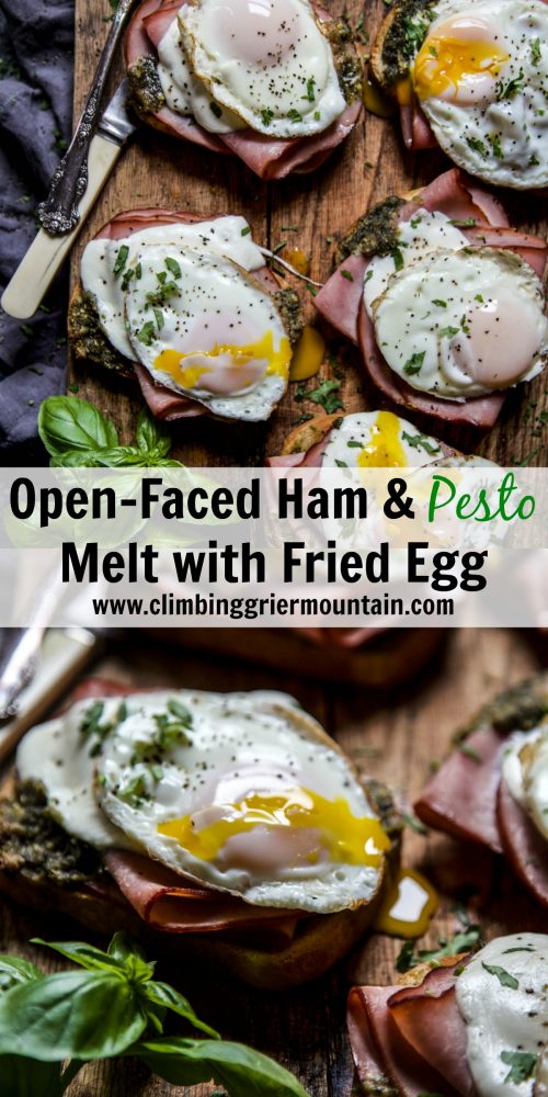 Open Faced Ham and Pesto Melt with Fried Egg