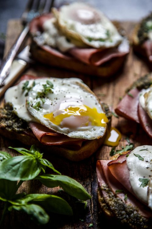 Open Faced Ham and Pesto Melt with Fried Egg