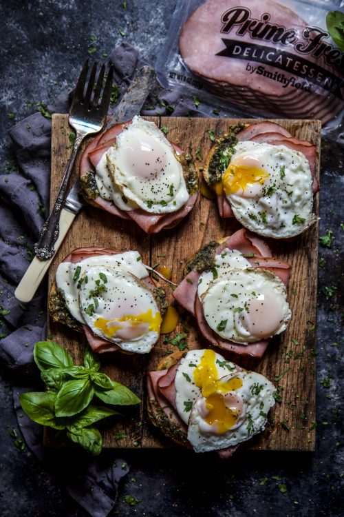 Open Faced Ham and Pesto Melt with Fried Egg