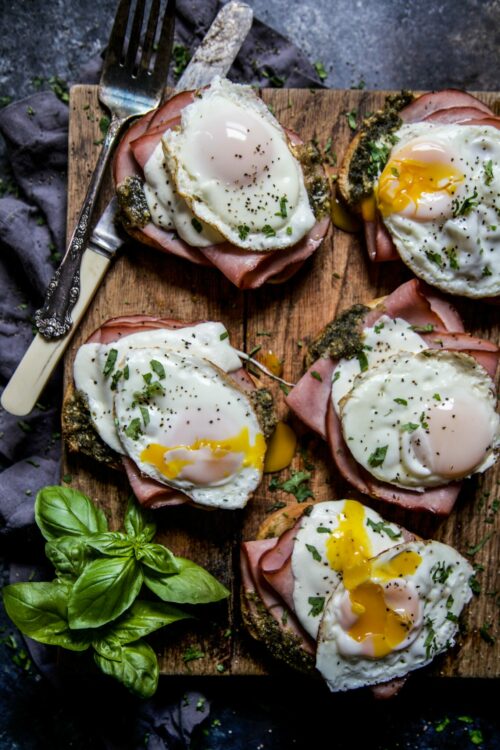 Open Faced Ham and Pesto Melt with Fried Egg