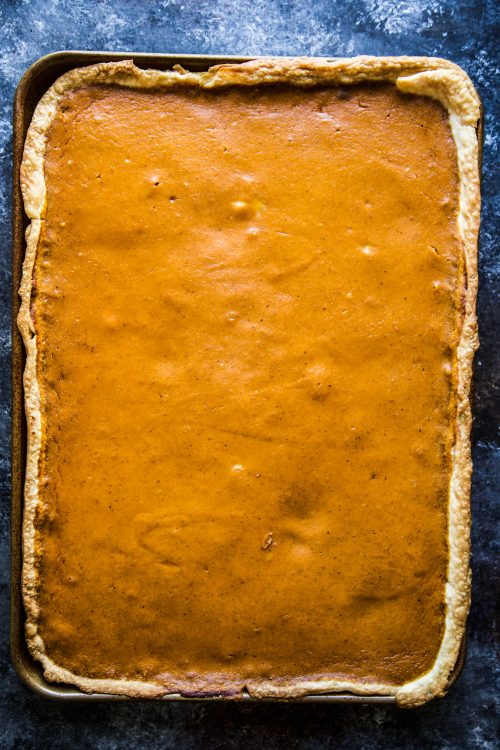 pumpkin pie cooked on a sheet pan