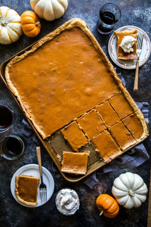 sheet pan pumpkin pie cut into bars