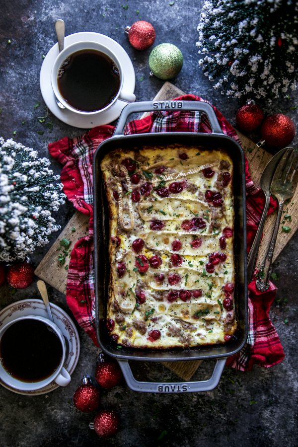 sausage and cranberry and brie egg casserole on a table