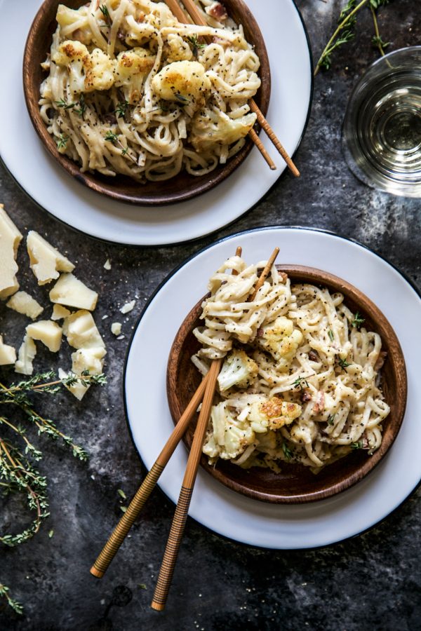 Roasted Cauliflower Carbonara with Udon Noodles