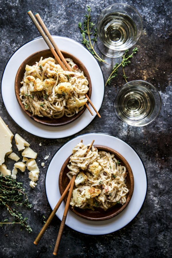 Roasted Cauliflower Carbonara with Udon Noodles